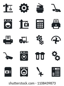 Set of vector isolated black icon - coffee machine vector, washer, fork loader, gear, ripper, lawn mower, printer, copier, crane, water filter, combination lock