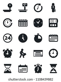 Set of vector isolated black icon - 24 around vector, alarm clock, calendar, heavy scales, stopwatch, manager, schedule, sand