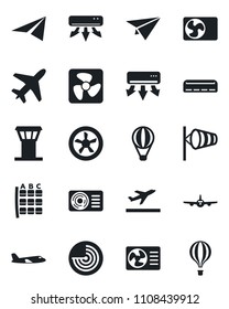 Set of vector isolated black icon - plane vector, airport tower, departure, wind, radar, seat map, air conditioner, fan, paper, balloon