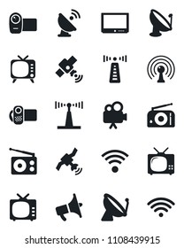 Set of vector isolated black icon - antenna vector, satellite, radio, loudspeaker, tv, video camera, wireless