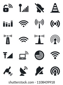 Set of vector isolated black icon - antenna vector, wireless notebook, border cone, radar, satellite, equalizer, mute, cellular signal, lock