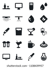 Set of vector isolated black icon - hot cup vector, water drop, dropper, flammable, monitor, alcohol, drink, cocktail, filter, sprinkler, flask