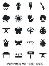 Set of vector isolated black icon - sun vector, flower in pot, ripper, tree, butterfly, lady bug, seedling, rain, plant label, picnic table, tulip