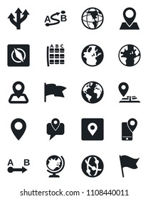 Set of vector isolated black icon - globe vector, seat map, route, navigation, earth, pin, mobile tracking, network, place tag, compass, flag
