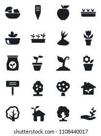 Set of vector isolated black icon - flower in pot vector, seedling, tree, sproute, plant label, fertilizer, fruit, salad, apple, eco house, palm