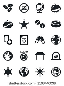 Set of vector isolated black icon - no laptop vector, ticket office, globe, document reload, pills, diet, earth, table, police, alarm led