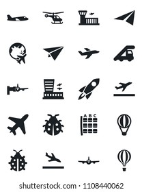 Set of vector isolated black icon - plane vector, departure, arrival, ladder car, boarding, helicopter, seat map, globe, airport building, lady bug, rocket, paper, air balloon