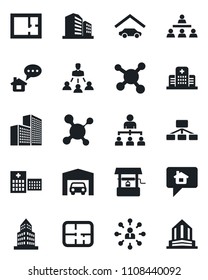 Set of vector isolated black icon - hierarchy vector, well, molecule, hospital, office building, garage, plan, home message