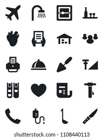 Set of vector isolated black icon - plane vector, tie, document, printer, trowel, heart, dropper, real, news, group, call, scanner, cellular signal, book, warehouse, bathroom, dish, alcohol, ladle