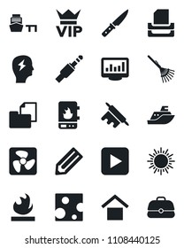 Set of vector isolated black icon - vip vector, sun, brainstorm, pencil, rake, sea shipping, port, folder document, warehouse storage, flammable, play button, jack connector, monitor statistics, fan