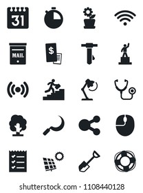 Set of vector isolated black icon - pedestal vector, mouse, tie, shovel, tree, sickle, stethoscope, stopwatch, calendar, checklist, desk lamp, career ladder, mailbox, sun panel, wireless