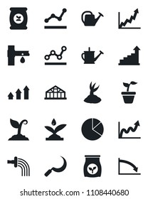 Set of vector isolated black icon - growth statistic vector, seedling, watering can, sproute, sickle, greenhouse, fertilizer, drip irrigation, pie graph, point, arrow up, crisis