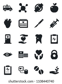 Set of vector isolated black icon - medical room vector, molecule, syringe, blood pressure, pills, scalpel, ambulance car, heart hand, real, caries, eye, joint, calendar, pulse clipboard, hospital