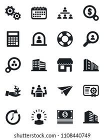 Set of vector isolated black icon - reception vector, meeting, hierarchy, office building, consumer search, gear, palm sproute, shining head, clock, money, calendar, cash, calculator, paper plane