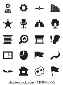 Set of vector isolated black icon - plane vector, mouse, tree, sun, sickle, lungs, office chair, house, panel, plan, building, estate search, omelette, smoke detector, jalousie, police, flag