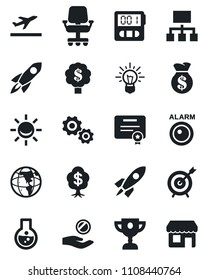 Set of vector isolated black icon - departure vector, stopwatch, alarm led, target, gear, rocket, money bag, earth, office chair, investment, idea, flask, hierarchy, certificate, award cup, tree
