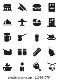 Set of vector isolated black icon - waiter vector, dish, restaurant table, beer, salad, bacon, salt and pepper, cafe building, candle, vip zone, receipt, chicken, ham, hamburger, rolling pin, sushi