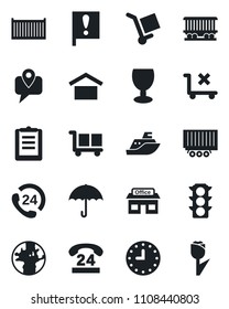 Set of vector isolated black icon - earth vector, railroad, important flag, store, traffic light, 24 hours, mobile tracking, sea shipping, truck trailer, cargo container, clock, clipboard, fragile