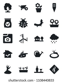 Set of vector isolated black icon - flower in pot vector, tree, watering can, wheelbarrow, sproute, lady bug, seedling, rain, plant label, caterpillar, pond, fertilizer, photo gallery, house with
