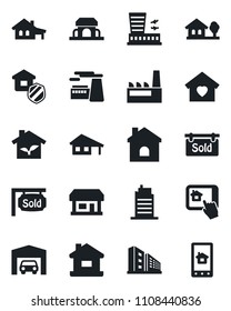 Set of vector isolated black icon - airport building vector, factory, house, store, with garage, tree, sold signboard, office, sweet home, city, estate insurance, cafe, eco, control app