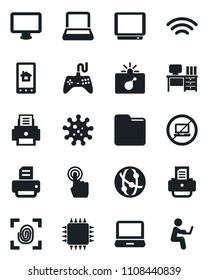 Set of vector isolated black icon - no laptop vector, bomb in case, desk, printer, virus, gamepad, tv, network, touch screen, monitor, pc, folder, wireless, notebook, chip, fingerprint, man with