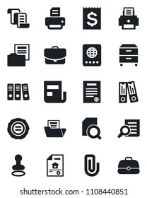 Set of vector isolated black icon - passport vector, stamp, contract, office binder, document search, printer, receipt, paper clip, news, folder, archive box, estate, case