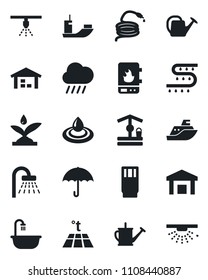Set of vector isolated black icon - shower vector, watering can, rain, well, hose, drip irrigation, sea shipping, umbrella, warehouse, bathroom, drink, water heater, warm floor, sprinkler