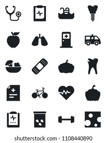 Set of vector isolated black icon - medical room vector, pumpkin, seeds, heart pulse, diagnosis, stethoscope, patch, ambulance car, barbell, bike, lungs, caries, implant, clipboard, pool, salad