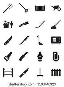 Set of vector isolated black icon - passport control vector, safe, farm fork, rake, wheelbarrow, saw, hoe, garden knife, scalpel, cargo container, rack, paper clip, ink pen, ladle, radiator