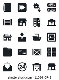 Set of vector isolated black icon - 24 around vector, checkroom, store, container, package, mail, fast forward, scanner, folder, copybook, document, book, open close, home control, garage gate