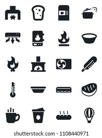 Set of vector isolated black icon - coffee machine vector, fire, thermometer, fireplace, air conditioner, bread, steak, bowl, steaming pan, water heater, balloon