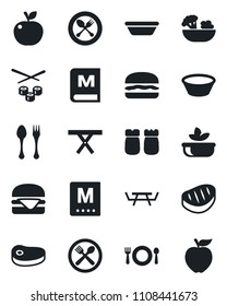 Set of vector isolated black icon - spoon and fork vector, picnic table, cafe, menu, salad, salt pepper, steak, hamburger, bowl, sushi, apple fruit