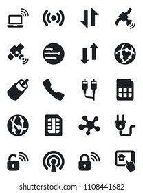 Set of vector isolated black icon - wireless notebook vector, satellite, network, share, rca, call, sim, data exchange, power plug, lock, home control app