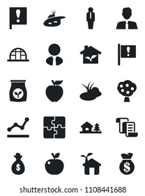 Set of vector isolated black icon - manager vector, contract, greenhouse, pond, fertilizer, important flag, application, point graph, house with tree, fruit, estate agent, apple, eco, money bag