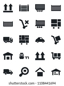 Set of vector isolated black icon - truck trailer vector, cargo container, car delivery, sea port, consolidated, warehouse storage, up side sign, no trolley, search