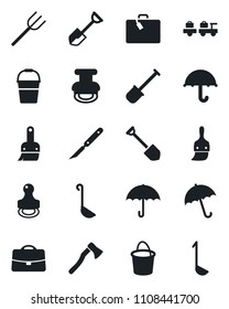 Set of vector isolated black icon - suitcase vector, umbrella, baggage larry, job, shovel, farm fork, bucket, axe, scalpel, themes, case, stamp, ladle