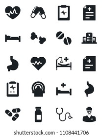 Set of vector isolated black icon - bed vector, heart pulse, diagnosis, stethoscope, pills, ampoule, tomography, hospital, stomach, broken bone, clipboard, doctor