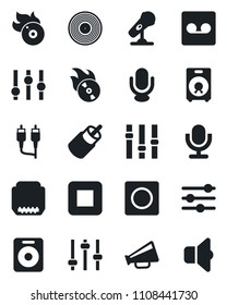 Set of vector isolated black icon - vinyl vector, flame disk, microphone, loudspeaker, settings, speaker, stop button, rca, hdmi, tuning, record, sound