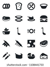 Set of vector isolated black icon - cafe vector, salad, plates, bread, chicken, steak, kebab, hamburger, ladle, bowl, rolling pin, cheese
