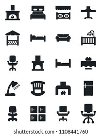 Set of vector isolated black icon - bed vector, checkroom, office chair, fireplace, desk lamp, bedroom, children room, cushioned furniture, restaurant table, alcove, fridge