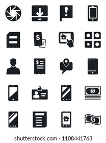 Set of vector isolated black icon - mobile phone vector, identity card, document, important flag, cash, tracking, cell, camera, user, download, application, restaurant receipt, home control app