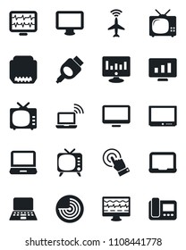 Set of vector isolated black icon - plane radar vector, wireless notebook, pc, statistic monitor, pulse, tv, touch screen, laptop, hdmi, intercome