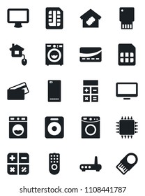 Set of vector isolated black icon - calculator vector, monitor, speaker, phone back, sim, washer, smart home, credit card, control, chip, remote, router, usb flash