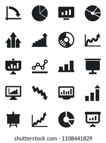 Set of vector isolated black icon - growth statistic vector, presentation board, crisis graph, monitor, circle chart, statistics, bar, pie, point, arrow up