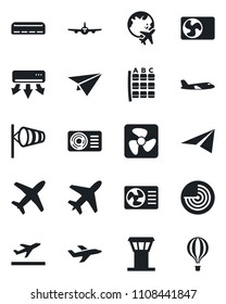 Set of vector isolated black icon - plane vector, airport tower, departure, wind, radar, seat map, globe, air conditioner, fan, paper, balloon