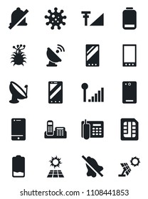 Set of vector isolated black icon - mobile phone vector, virus, satellite antenna, cell, low battery, back, sim, mute, cellular signal, office, sun panel