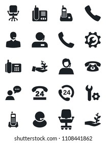 Set of vector isolated black icon - office chair vector, phone, 24 hours, support, speaker, radio, call, root setup, palm sproute