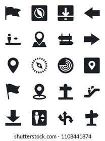 Set of vector isolated black icon - elevator vector, escalator, signpost, right arrow, left, radar, route, pin, download, place tag, compass, flag, guidepost