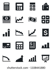 Set of vector isolated black icon - credit card vector, growth statistic, calculator, receipt, bar graph, wallet, crisis, cash, presentation