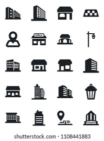Set of vector isolated black icon - taxi vector, shop, office building, garden light, navigation, store, city house, cafe, storefront